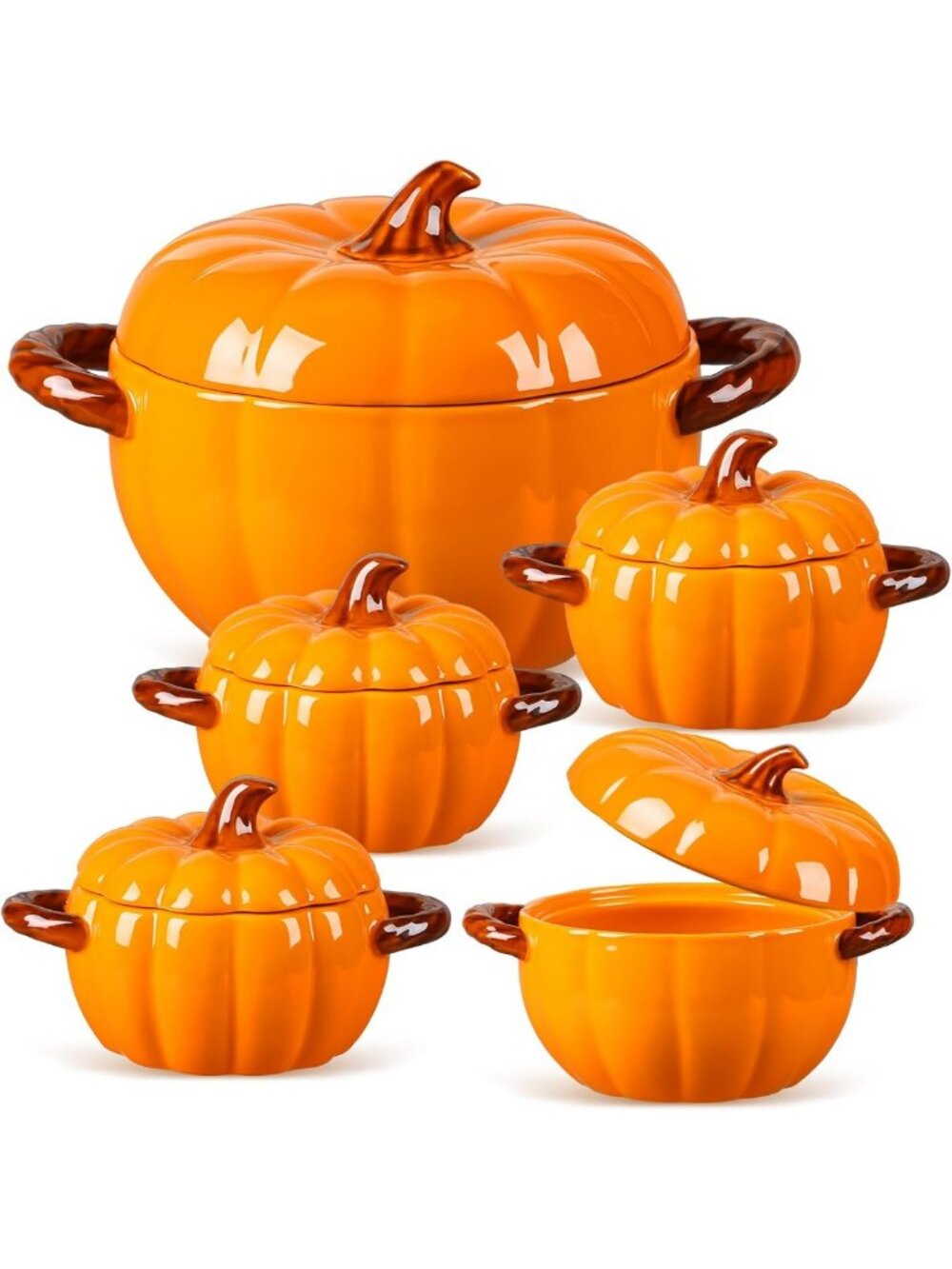 Set of 5 Orange Ceramic Pumpkin Bowls with Lids & Handles - Fall Decor